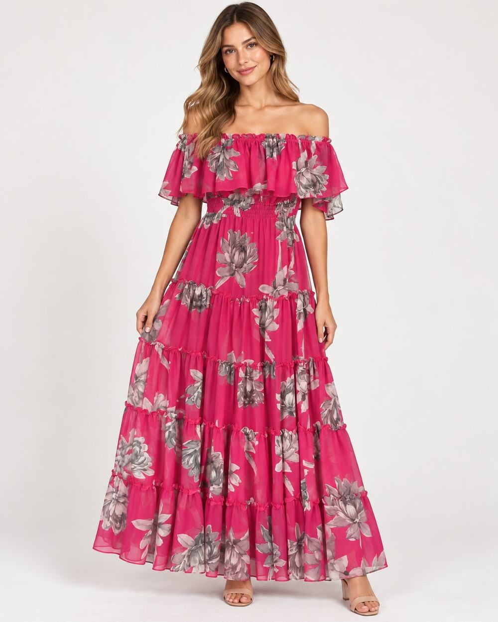 MISA Los Angeles Pink Gray Floral Off Shoulder Tiered Maxi Dress S